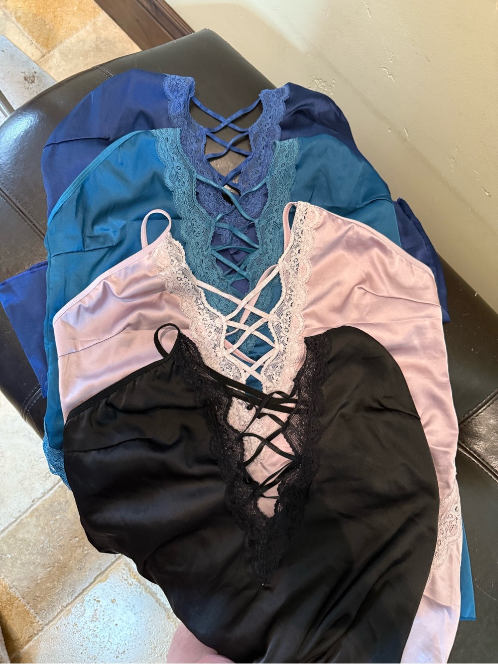*Lot of 4* Lace-Trim Satin Slip Dresses Black, Blush, Teal, Navy